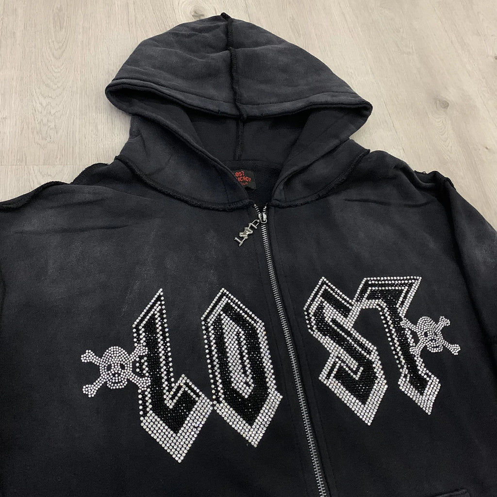 High Street Lose Rhineston Brilliant Shinning Zipper Hooded Hoodies for Men Cardigan Terry Loose Casual Sweatshirt Jacket