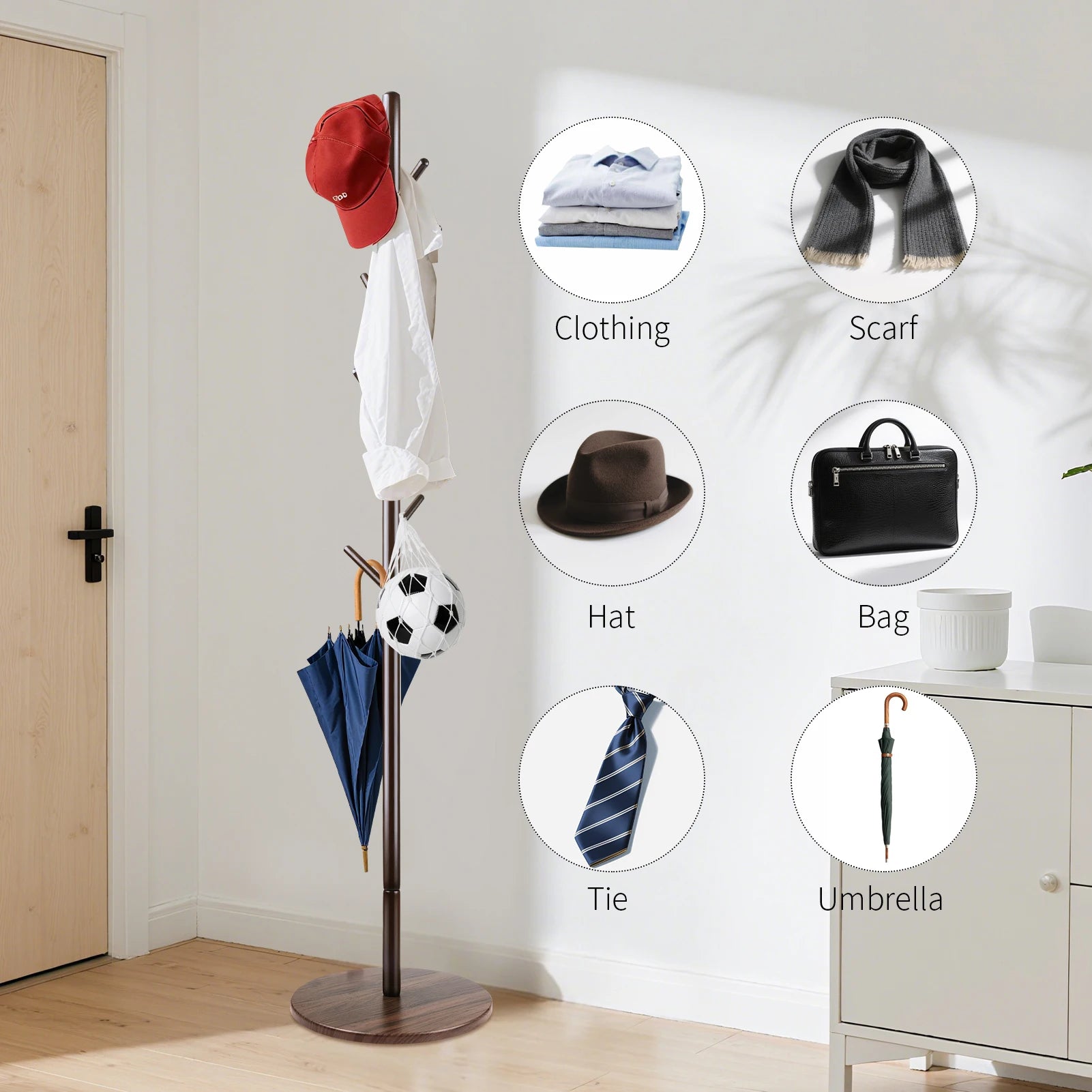Solid Wood Coat Racks Stand Adjustable Height Clothes Hanger 8 Hook for Home Entryway Clothes Hat Scarves Handbags Rack