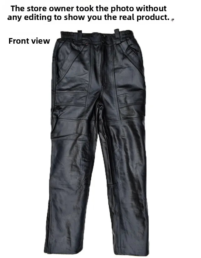 Leather Motorcycle Pants Men's Sheepskin Top Layer Loose Casual Trousers Autumn Winter High Waist Deep Crotch Business Scenarios
