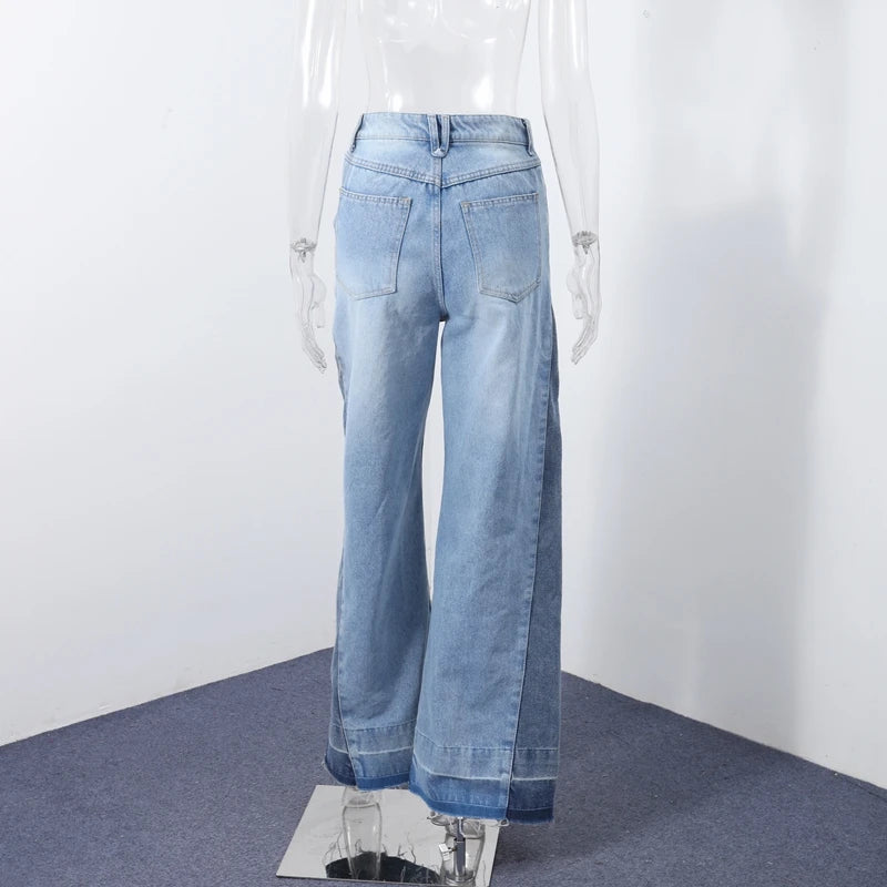 Chic Women's Side Patchwork Denim Jeans Pant High Waist Wide Leg Baggy Pants For Woman 2025 New Casual Daily Streetwear Trousers