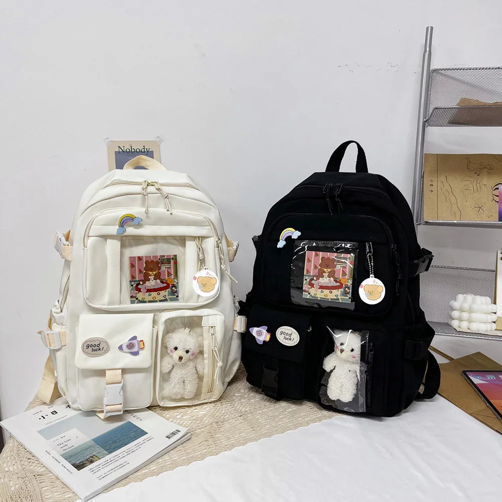 Woman Backpack Fashion College Student Rucksack Nylon with Plush Pendant Pin Kawaii Large Capacity Japanese Style for Teen Girls