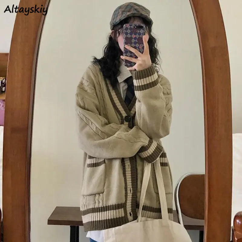 New Preppy Style Japan Cardigan Women Vintage Patchwork Knitted Sweaters Simple Schoolgirls Ulzzang Baggy Fashion All-match Chic