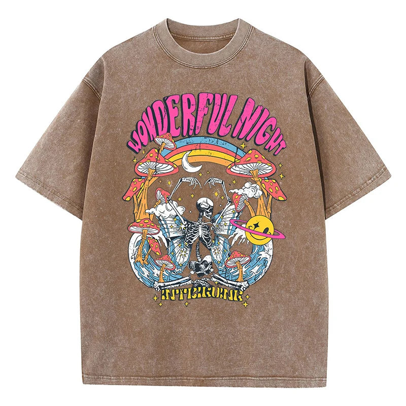 Wonderful Night Skeleton Butterfly Wave Print Womens T-Shirts Fashion Oversized Tops Street Comfortable Clothing Loose Wash Tee