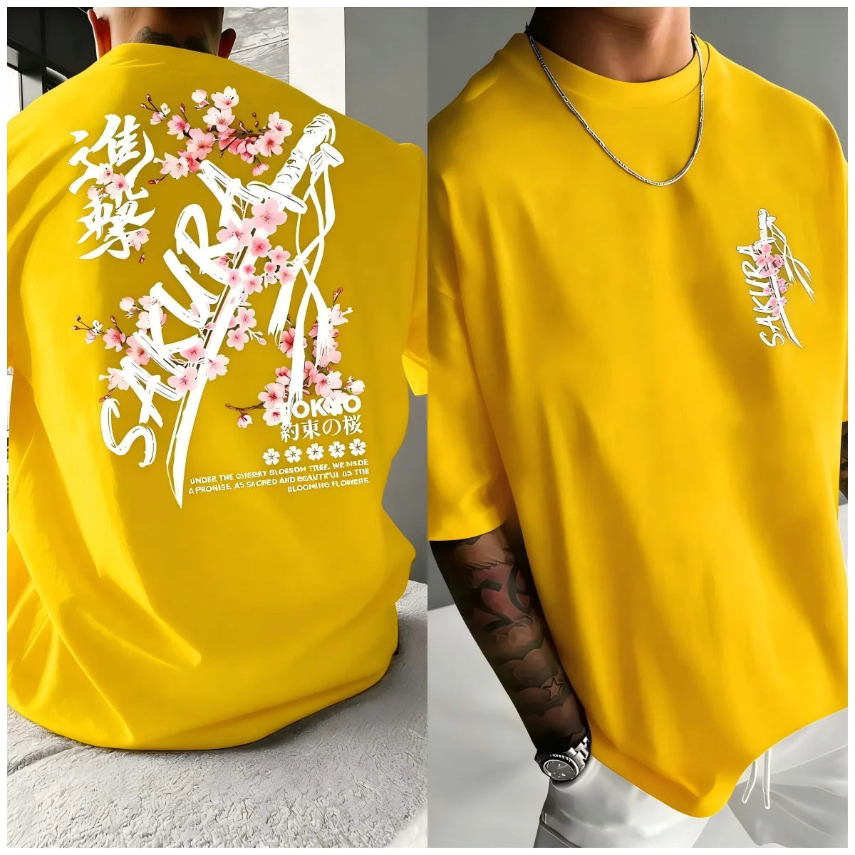 Fashionable men's summer personalized letter cherry blossom print soft and breathable round neck T-shirt outdoor festival street