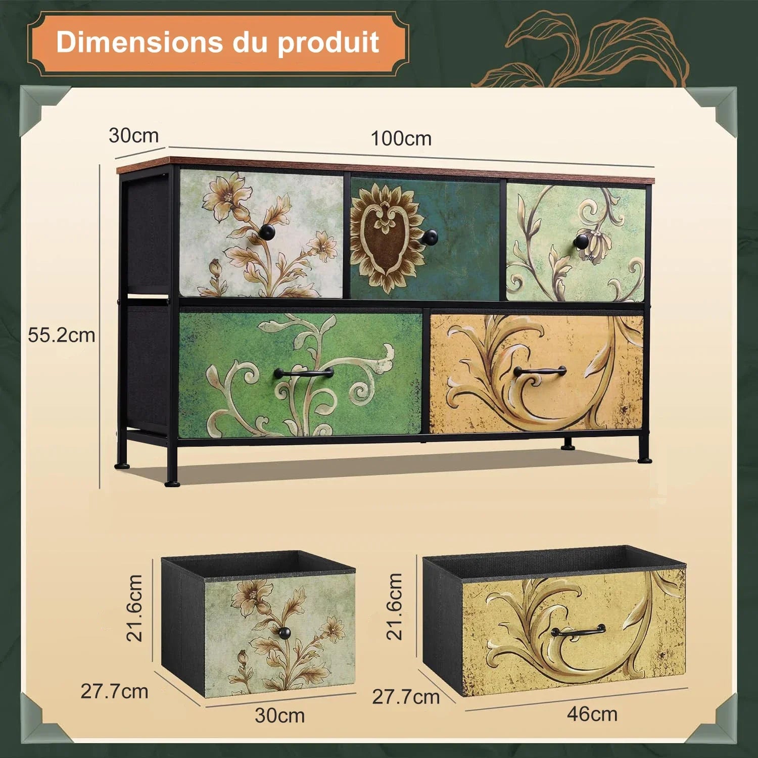 Rosahqnda Vintage Cabinet with fabric Drawers TV Stand Chest of Drawers for Living Room Dining Room Bedroom Iron Frame