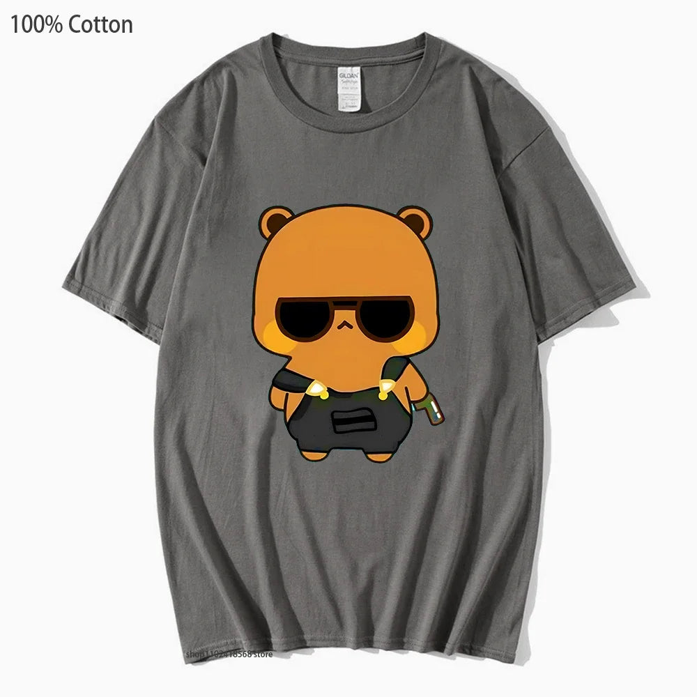 Cute Dudu and Bubu Dudu Like Spy Officer In Black T-Shirts 100% Cotton Clothes Panda and Brownie Bear Tees Men Women Couple Tops