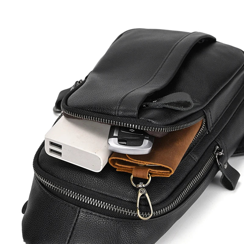 Mans 100% Genuine Leather Sling Bag Men Messenger Bags for Men Black Chest Bags for Phone Casual Sport Shoulder Bag