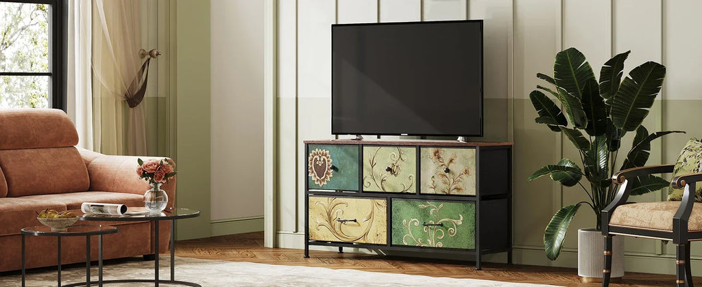 Rosahqnda Vintage Cabinet with fabric Drawers TV Stand Chest of Drawers for Living Room Dining Room Bedroom Iron Frame
