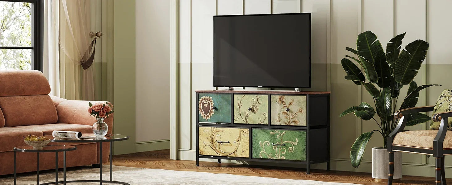 Rosahqnda Vintage Cabinet with fabric Drawers TV Stand Chest of Drawers for Living Room Dining Room Bedroom Iron Frame