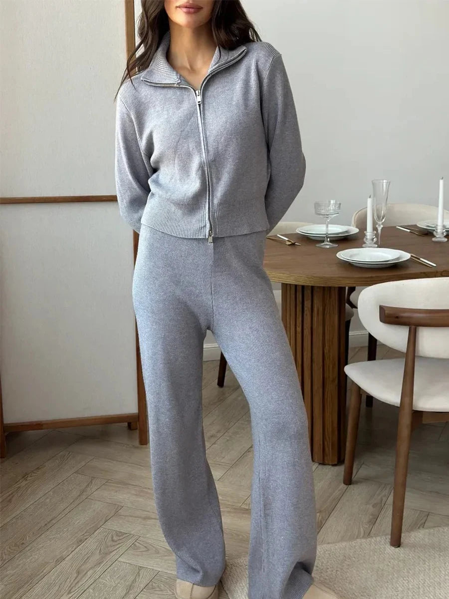 Bornladies Women's New Knit Zip Up Cardigan Wide Leg Pants Set Soft Fabric Cropped Elastic Waist Autumn Winter Fashion Sweater