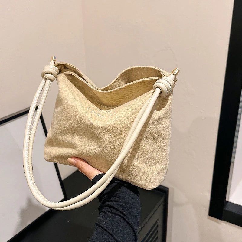 Suede Handbag Casual Rope Buckle Design Multicolor Shoulder Bag Adjustable Straps Tote Work Crossbody Bucket Bag
