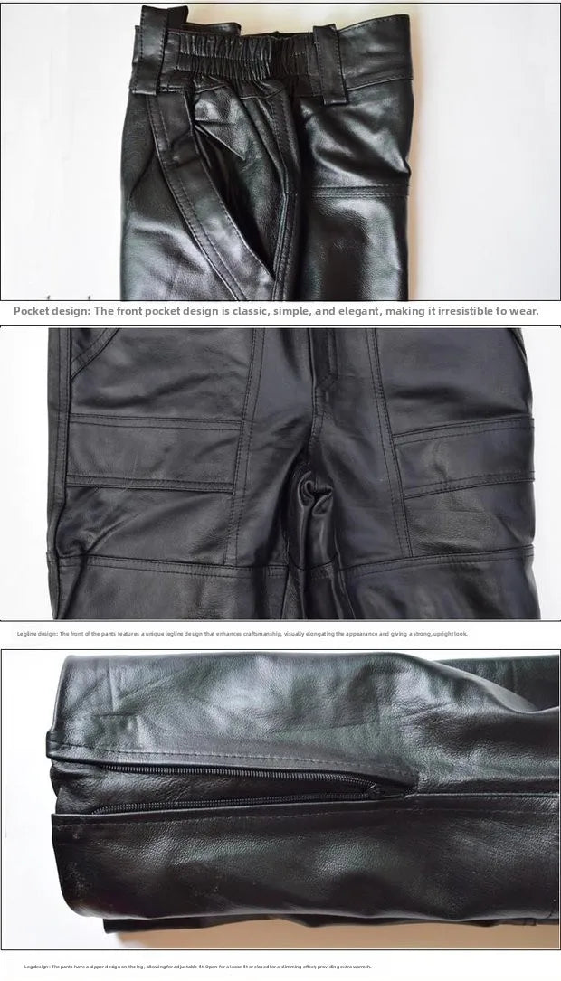 Leather Motorcycle Pants Men's Sheepskin Top Layer Loose Casual Trousers Autumn Winter High Waist Deep Crotch Business Scenarios