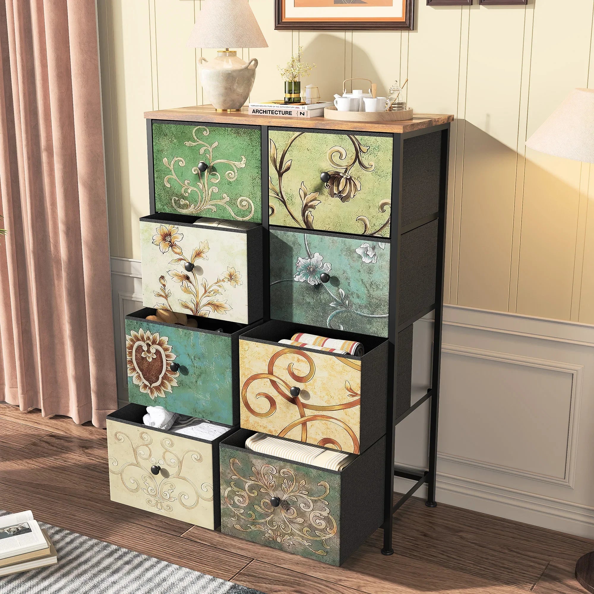 Rosahqnda Vintage Cabinet with fabric Drawers TV Stand Chest of Drawers for Living Room Dining Room Bedroom Iron Frame
