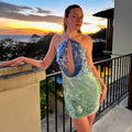 Halter Sequin Short Dress Color Patchwork Hollow Out Hanging Neck Socialite Gown Sexy Backless Slim Fit Beach Beaded Dresses New
