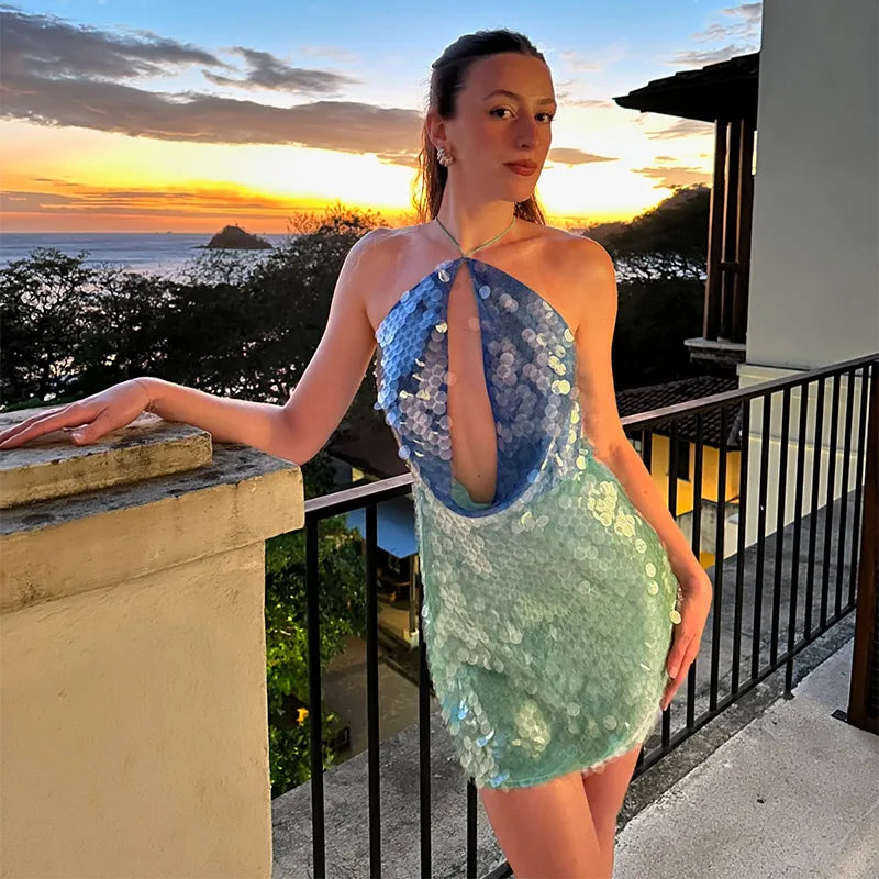 Halter Sequin Short Dress Color Patchwork Hollow Out Hanging Neck Socialite Gown Sexy Backless Slim Fit Beach Beaded Dresses New