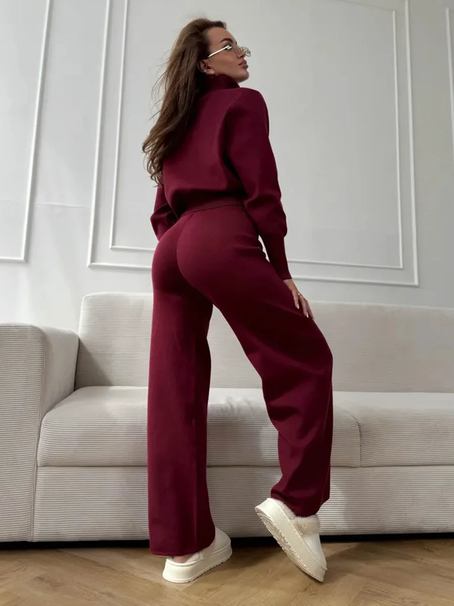 Bornladies Women's New Knit Zip Up Cardigan Wide Leg Pants Set Soft Fabric Cropped Elastic Waist Autumn Winter Fashion Sweater