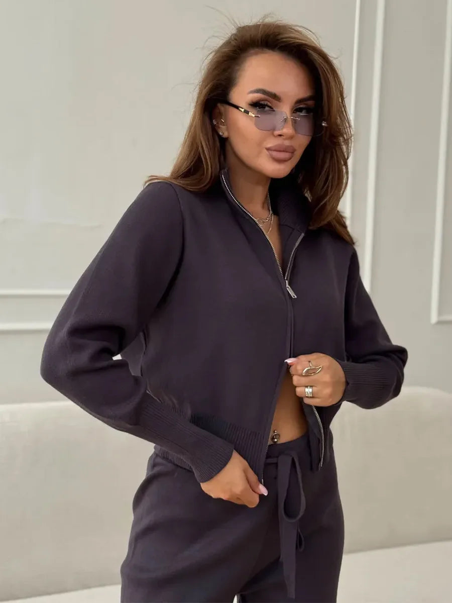 Bornladies Women's New Knit Zip Up Cardigan Wide Leg Pants Set Soft Fabric Cropped Elastic Waist Autumn Winter Fashion Sweater
