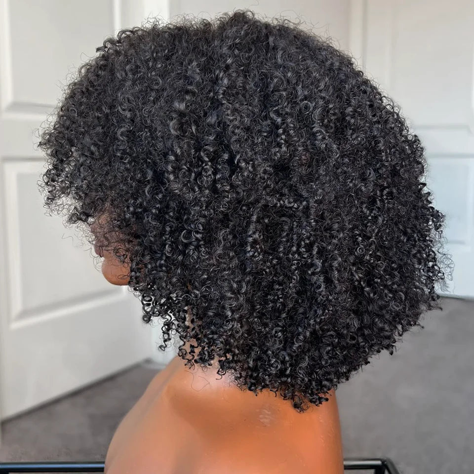 Mongolian Afro Kinky Curly Hunan Hair Wigs With Bangs Full Machine Made Wig 250 Density Remy Brazilian Short Curly Bangs Wig