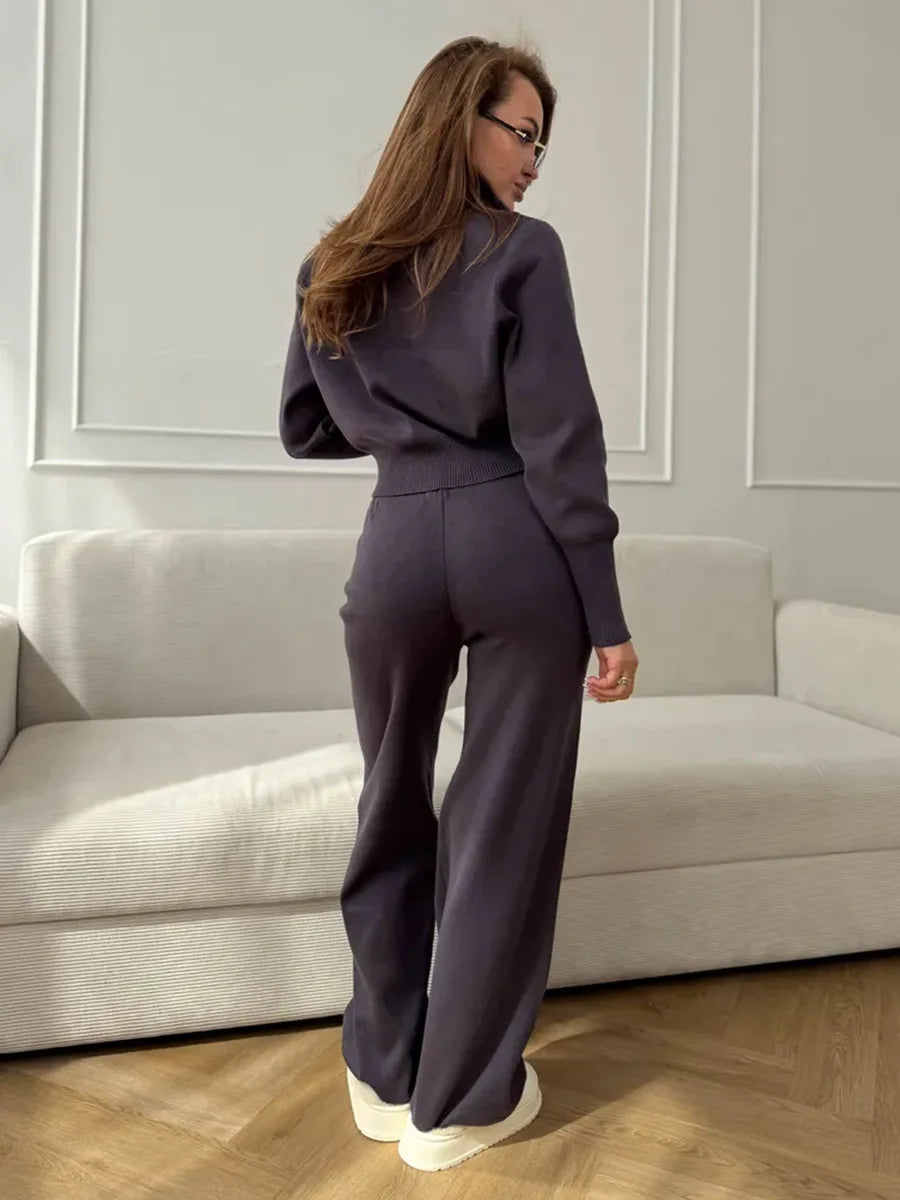 Bornladies Women's New Knit Zip Up Cardigan Wide Leg Pants Set Soft Fabric Cropped Elastic Waist Autumn Winter Fashion Sweater