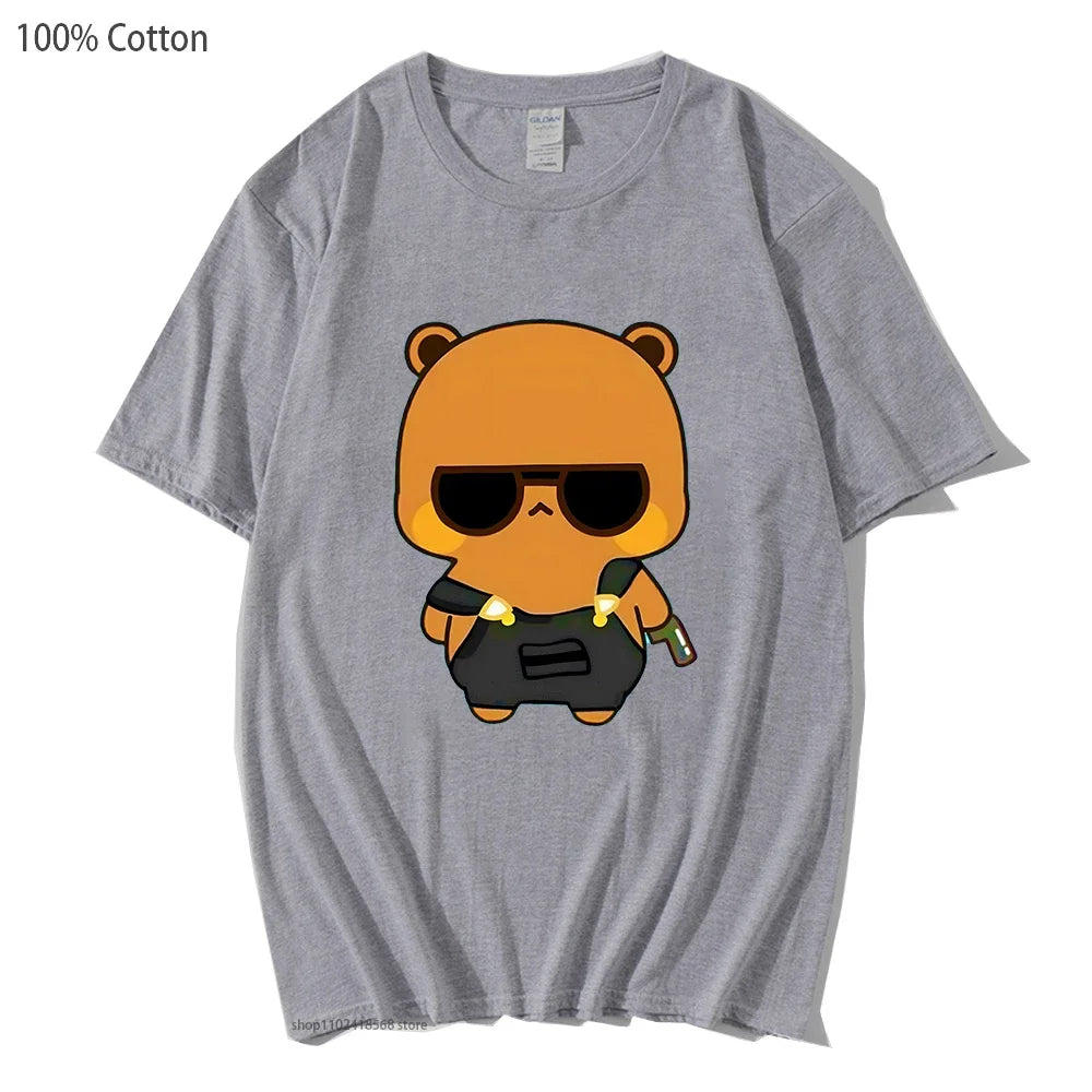 Cute Dudu and Bubu Dudu Like Spy Officer In Black T-Shirts 100% Cotton Clothes Panda and Brownie Bear Tees Men Women Couple Tops
