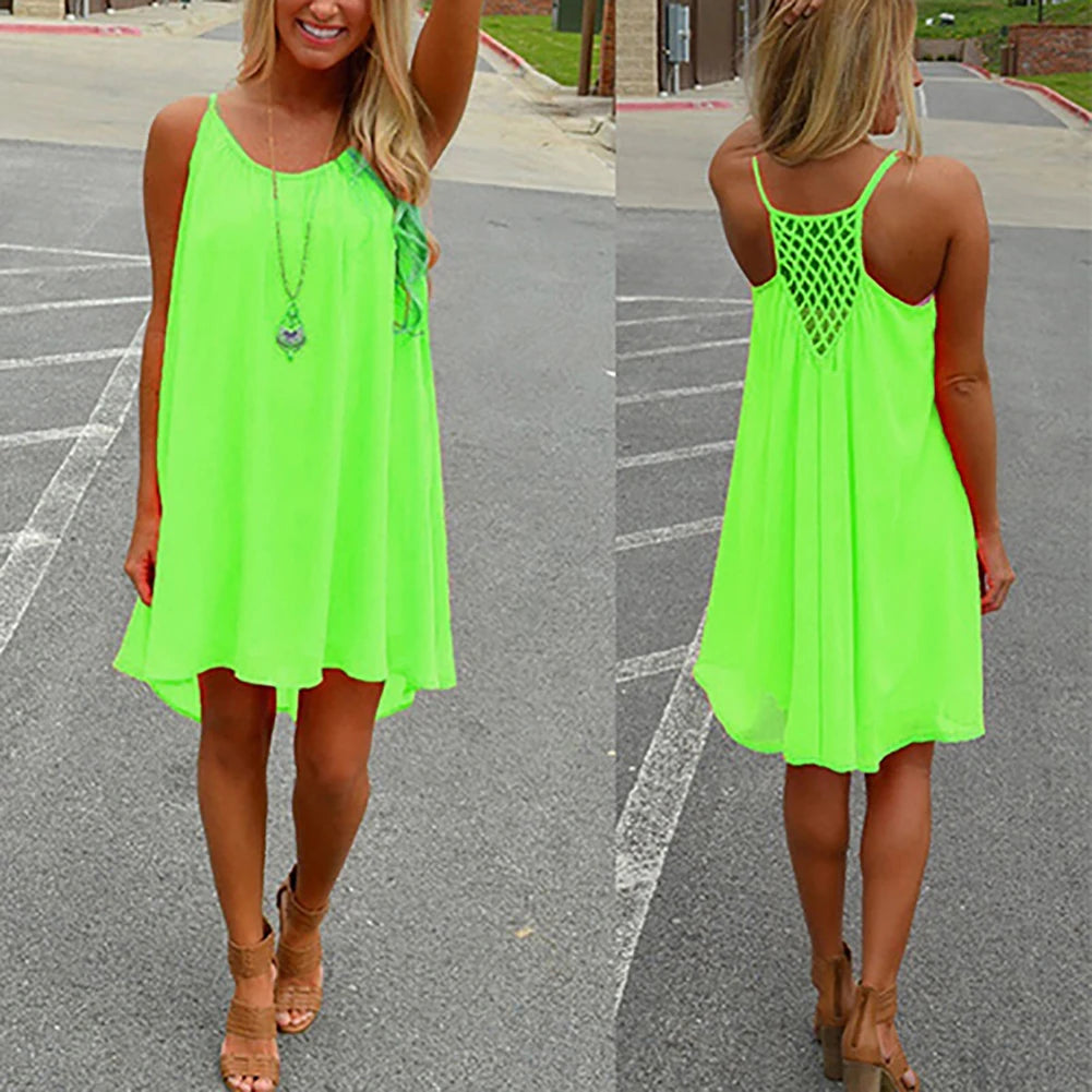 2016 Summer Fshion  2016 Hot New Sexy Women's Summer Casual Sleeveless Strap Backless Beach Dress for Evening Party
