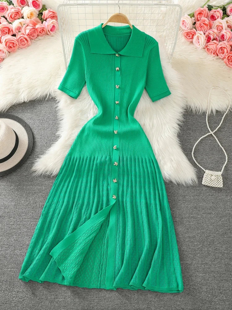 Summer 2024 New Women's Black Beige Single Breasted Knitted Long Dress Green Elegant Office Lady Short Sleeve Pleated Dress Chic