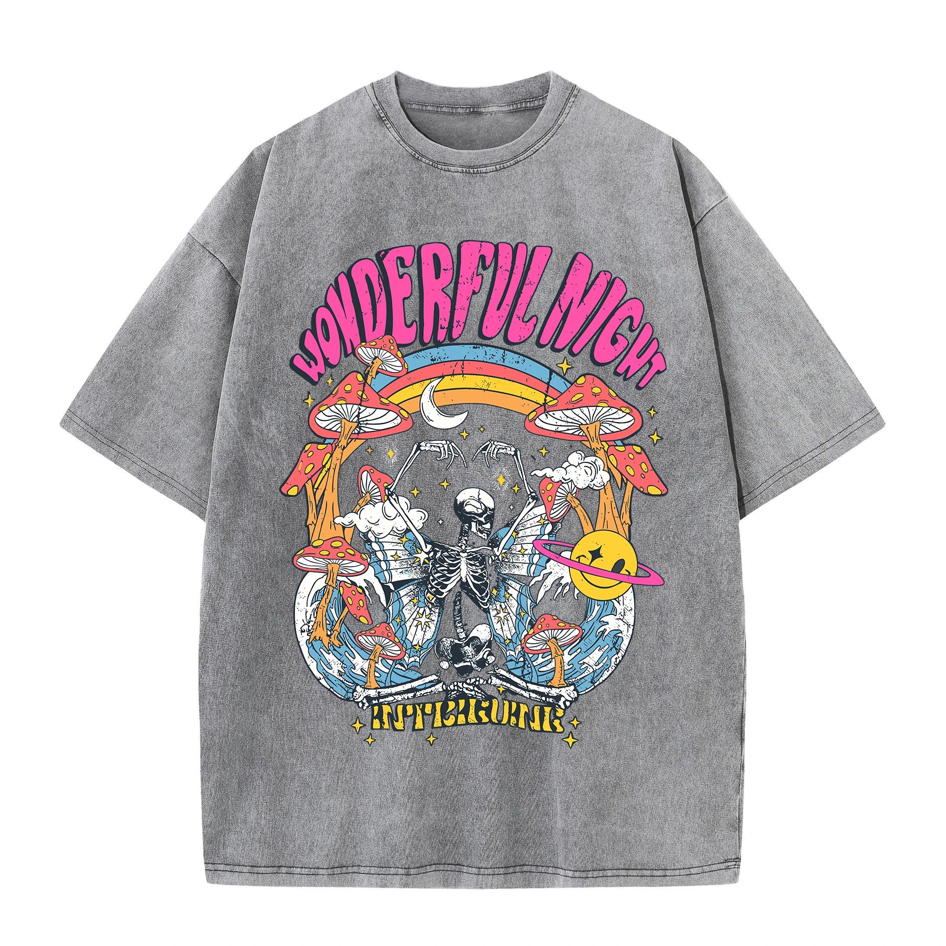 Wonderful Night Skeleton Butterfly Wave Print Womens T-Shirts Fashion Oversized Tops Street Comfortable Clothing Loose Wash Tee