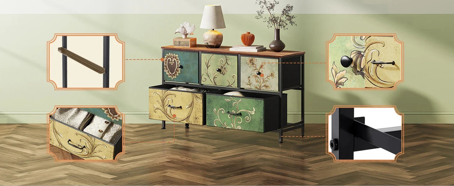Rosahqnda Vintage Cabinet with fabric Drawers TV Stand Chest of Drawers for Living Room Dining Room Bedroom Iron Frame