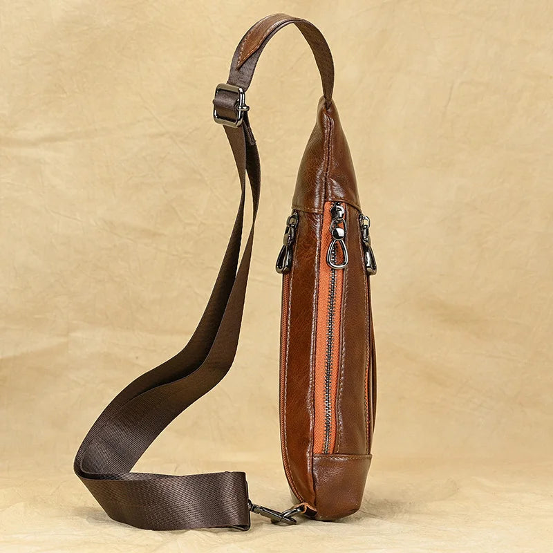 Mans 100% Genuine Leather Sling Bag Men Messenger Bags for Men Black Chest Bags for Phone Casual Sport Shoulder Bag