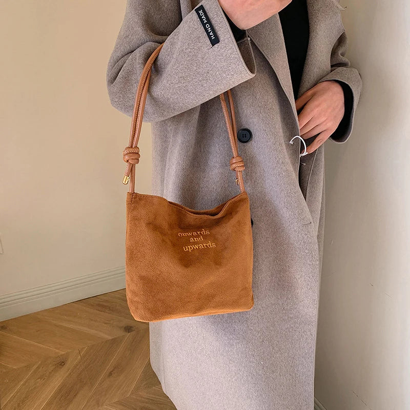 Suede Handbag Casual Rope Buckle Design Multicolor Shoulder Bag Adjustable Straps Tote Work Crossbody Bucket Bag