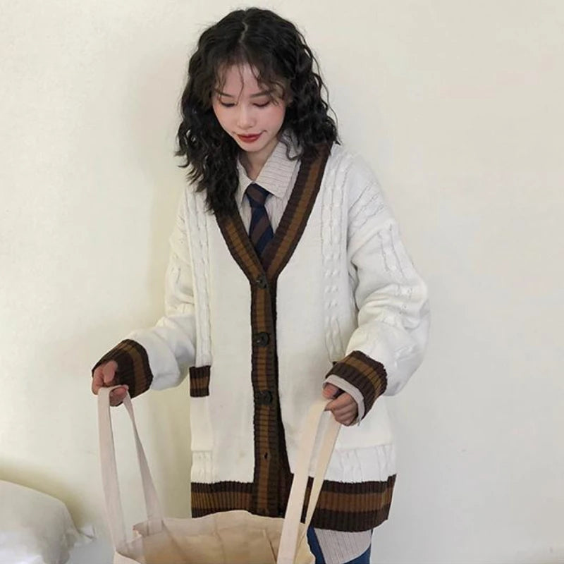 New Preppy Style Japan Cardigan Women Vintage Patchwork Knitted Sweaters Simple Schoolgirls Ulzzang Baggy Fashion All-match Chic