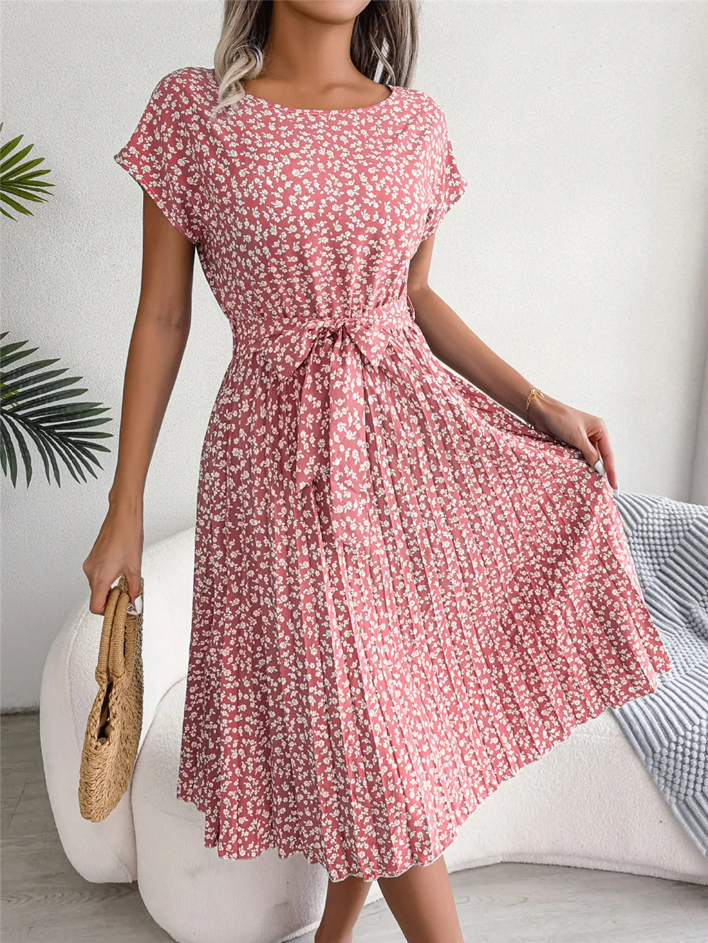Women's Floral Pleated A Line Long Dress, Short Sleeve, High Waist, Chic, Spring, Summer
