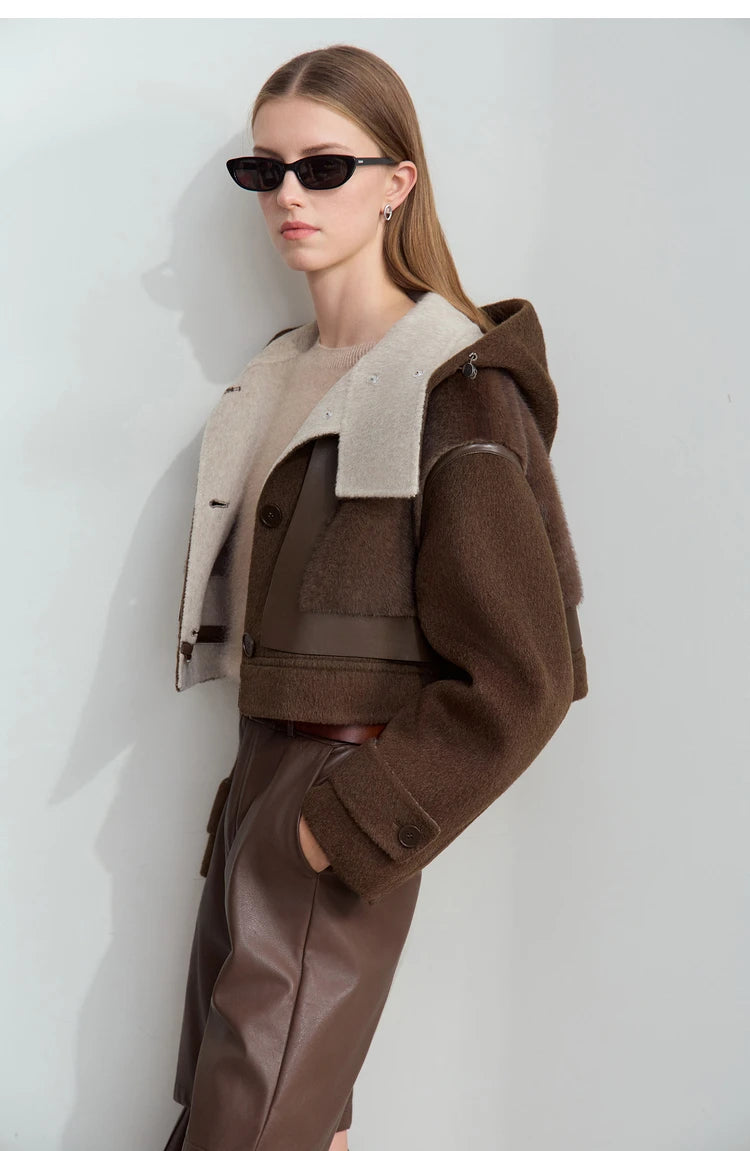 Amii Minimalist 2025 Winter Women's Jacket Hooded Splicing Zipper PU Leather Loose Long Coat Two Wear Wool Coats 12444138