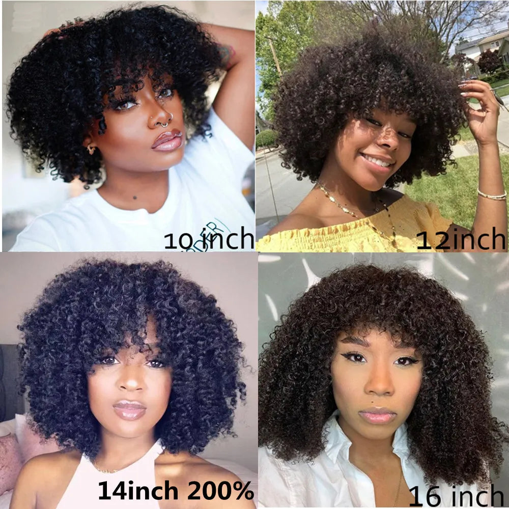 Mongolian Afro Kinky Curly Hunan Hair Wigs With Bangs Full Machine Made Wig 250 Density Remy Brazilian Short Curly Bangs Wig
