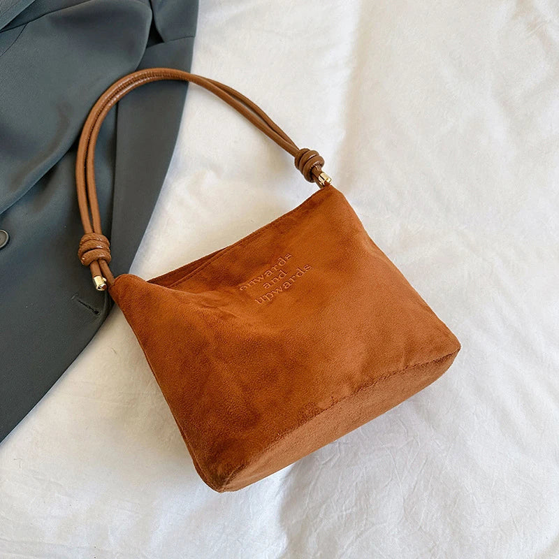 Suede Handbag Casual Rope Buckle Design Multicolor Shoulder Bag Adjustable Straps Tote Work Crossbody Bucket Bag