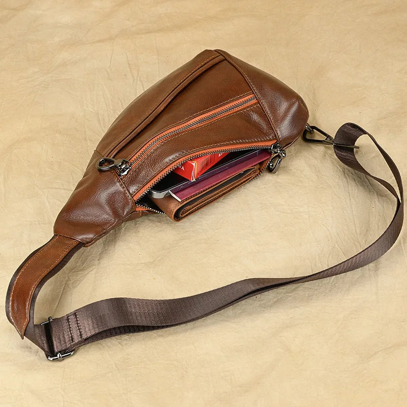 Mans 100% Genuine Leather Sling Bag Men Messenger Bags for Men Black Chest Bags for Phone Casual Sport Shoulder Bag