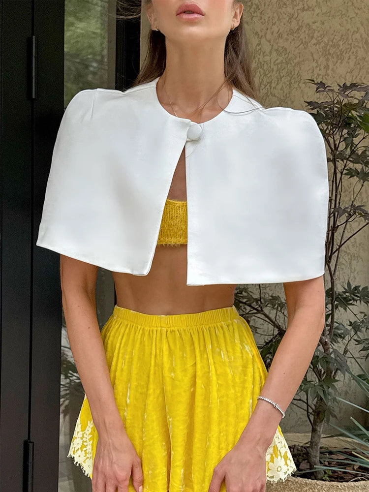 Elegant Black Turtleneck Cloak Tops Women Solid Short Sleeve Waist Cinching A-line Short Top 2026 Lady Spring Street Outwear