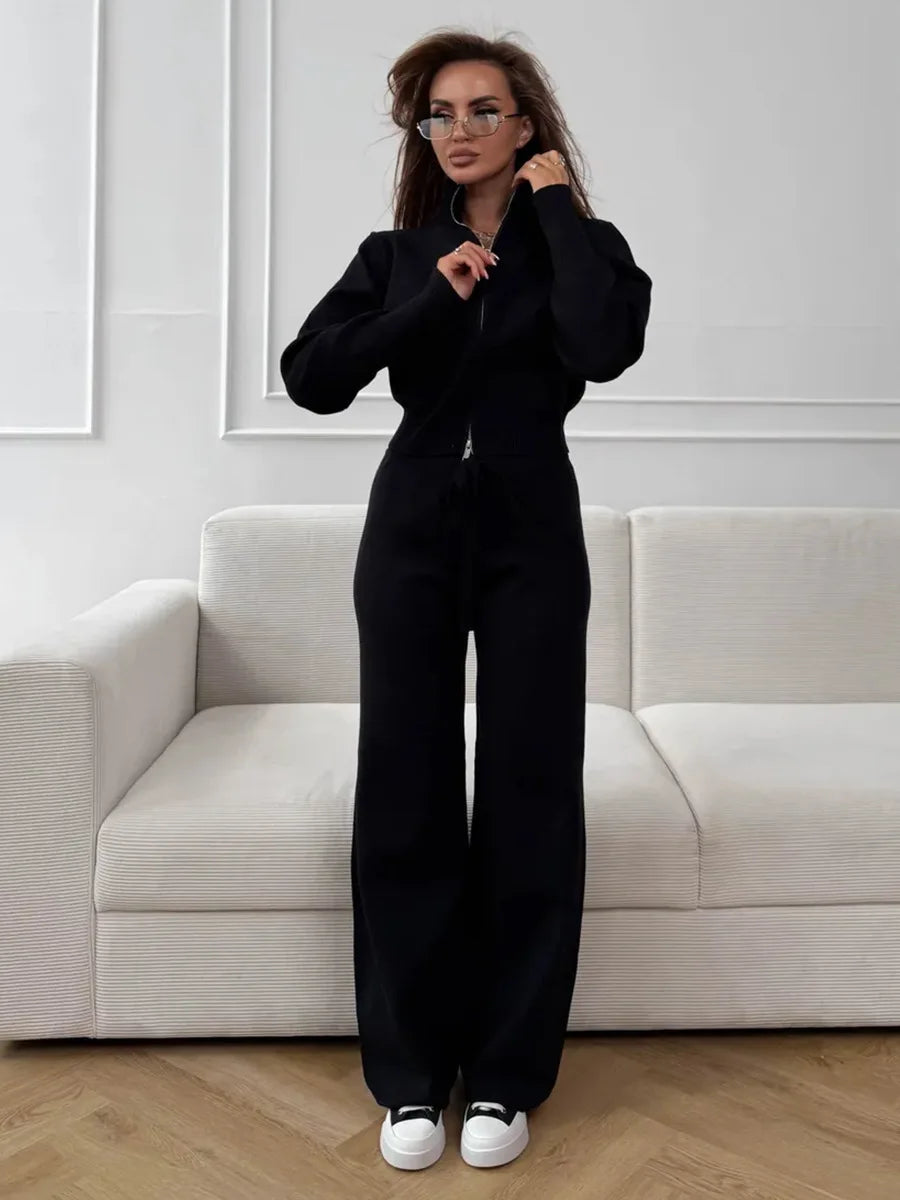 Bornladies Women's New Knit Zip Up Cardigan Wide Leg Pants Set Soft Fabric Cropped Elastic Waist Autumn Winter Fashion Sweater