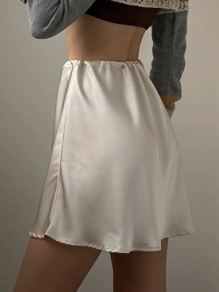 Satin Mini Skirts Women Summer Beige Silk Short Skirt For Woman Drawstring High Waist Black Satin Skirt A Line Women Short 2026