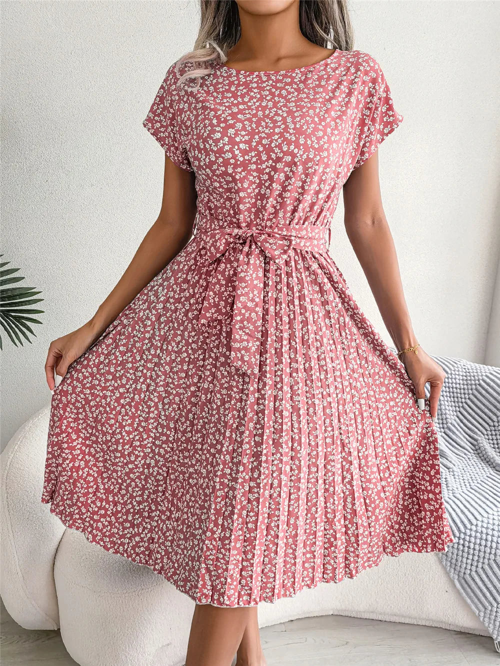 Women's Floral Pleated A Line Long Dress, Short Sleeve, High Waist, Chic, Spring, Summer