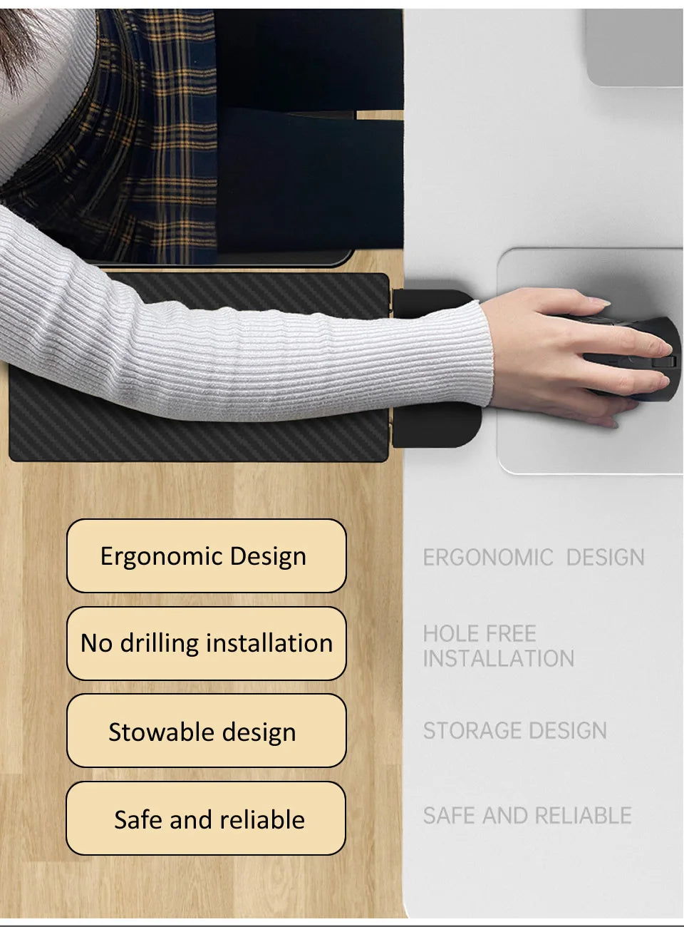 HKXA Computer Arm Support Ergonomic Adjustable Desk Armrest Sturdy Mouse Arm Support Computer Desktop Extender for Home Office