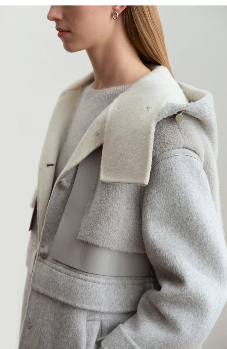 Amii Minimalist 2025 Winter Women's Jacket Hooded Splicing Zipper PU Leather Loose Long Coat Two Wear Wool Coats 12444138