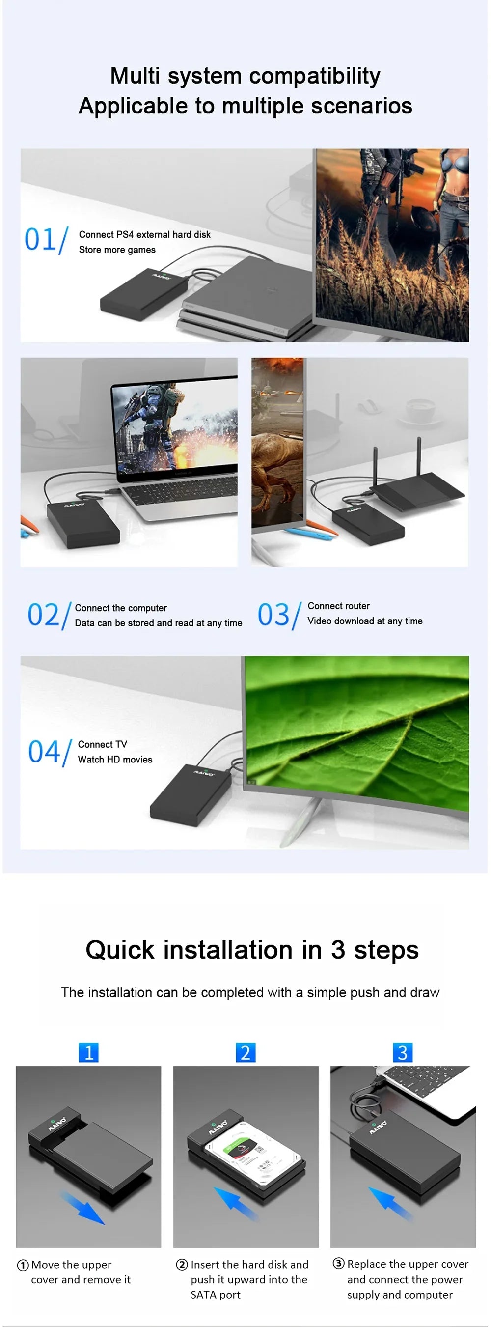 MAIWO 2.5 3.5 Inch SATA HDD Enclosure USB3.0 to SATA Hard Drive Case Adapter 24TB Capacity Support UASP High Speed for PC Laptop