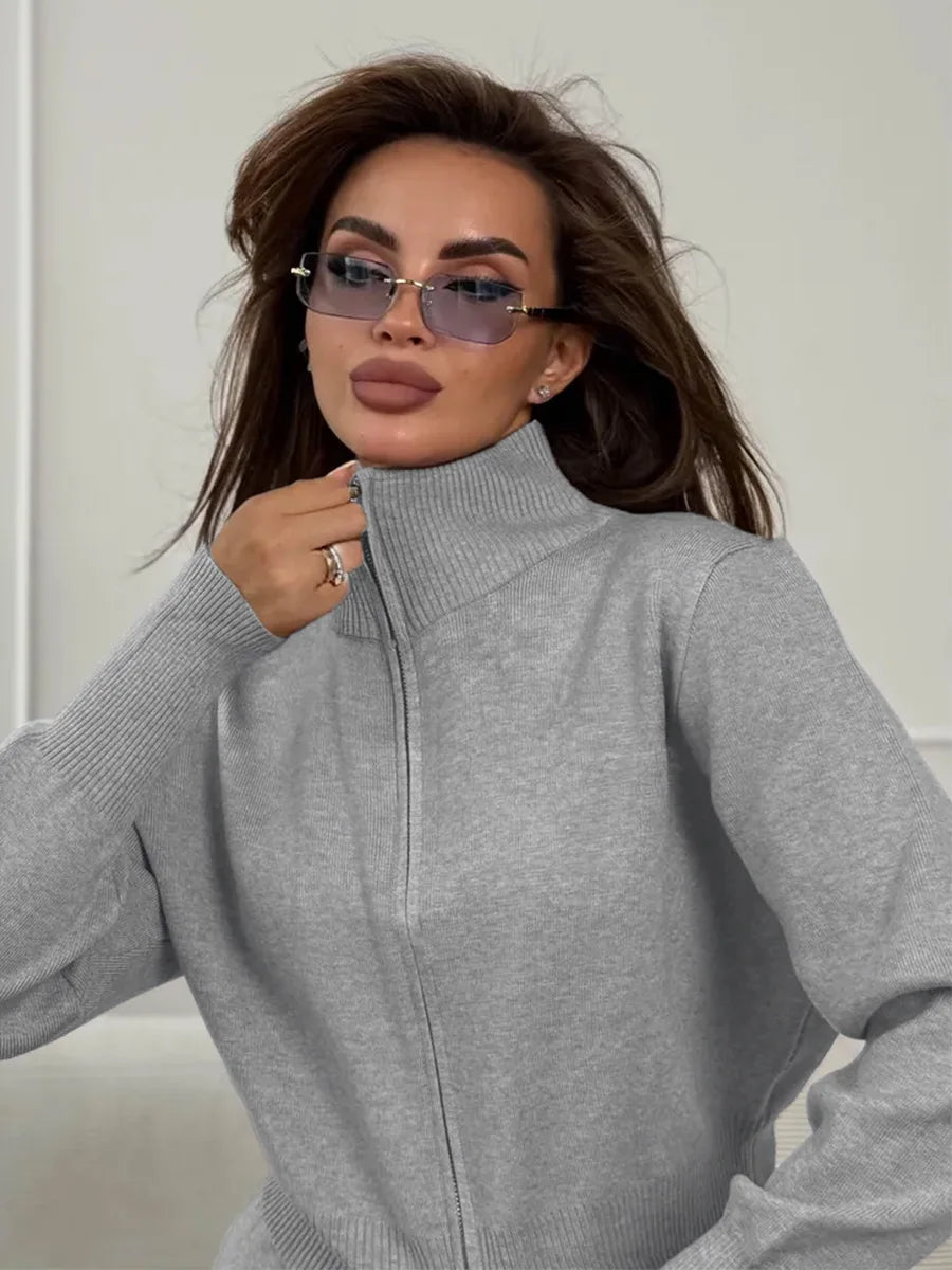 Bornladies Women's New Knit Zip Up Cardigan Wide Leg Pants Set Soft Fabric Cropped Elastic Waist Autumn Winter Fashion Sweater