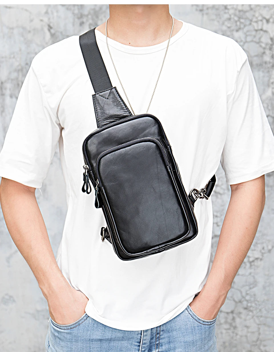 Mans 100% Genuine Leather Sling Bag Men Messenger Bags for Men Black Chest Bags for Phone Casual Sport Shoulder Bag