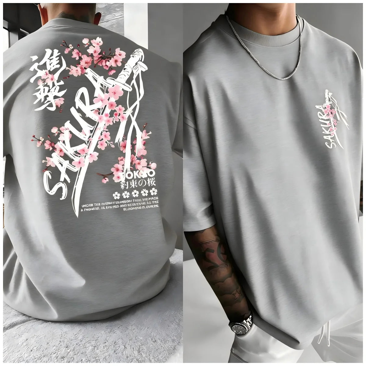 Fashionable men's summer personalized letter cherry blossom print soft and breathable round neck T-shirt outdoor festival street