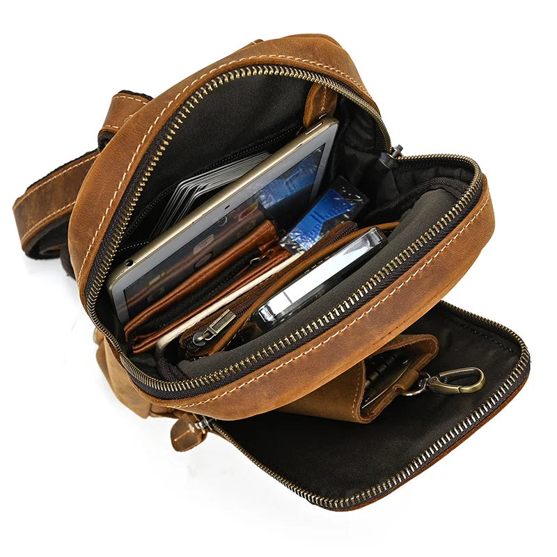 Mans 100% Genuine Leather Sling Bag Men Messenger Bags for Men Black Chest Bags for Phone Casual Sport Shoulder Bag