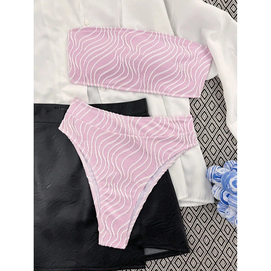 Sexy Wave Striped Bandeau High Waist Bikini Female Swimsuit Women Swimwear Two-pieces Bikini set Bather Bathing Suit Swim K5445