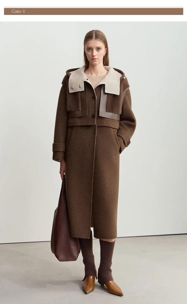 Amii Minimalist 2025 Winter Women's Jacket Hooded Splicing Zipper PU Leather Loose Long Coat Two Wear Wool Coats 12444138