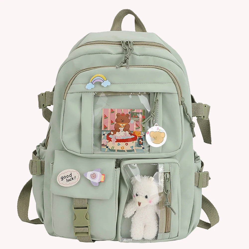 Woman Backpack Fashion College Student Rucksack Nylon with Plush Pendant Pin Kawaii Large Capacity Japanese Style for Teen Girls